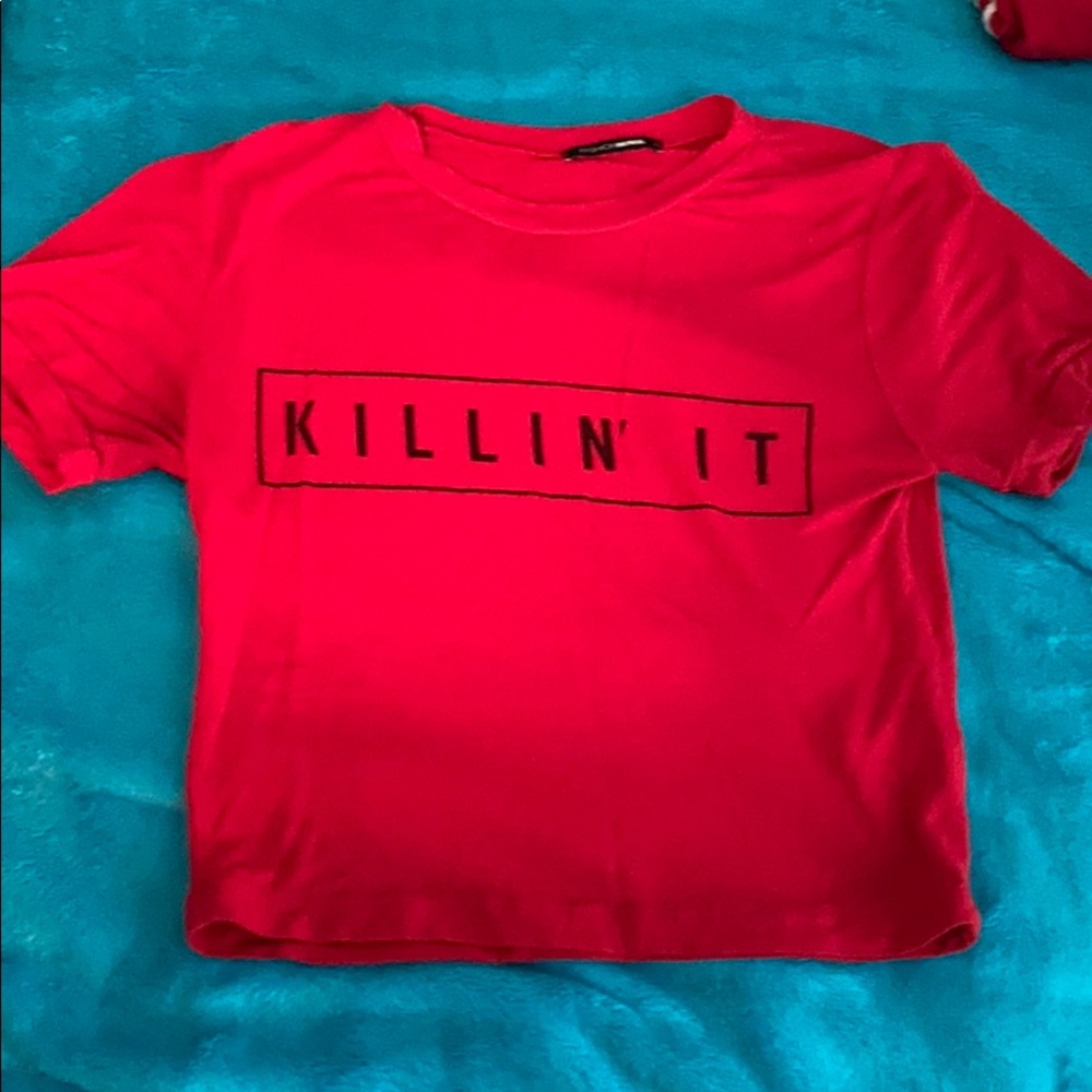 Red crop top with saying on it